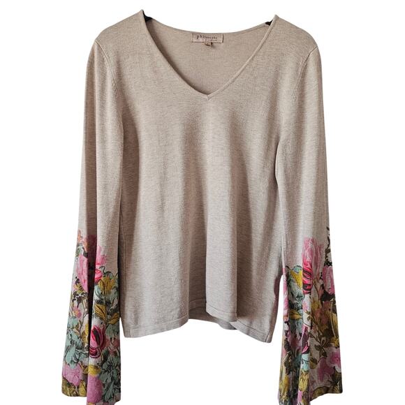 Philosophy Republic Clothing Tops - Philosophy Republic Clothing Beige Floral Bell Sleeve Knit Top Size Large